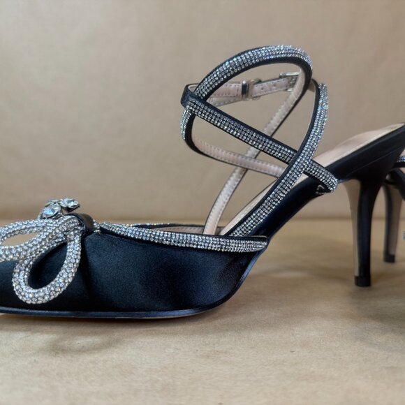 Hayixia Black Satin Rhinestone Bow Pointed Toe Ankle Strap Kitten Heels Sz. 7.5 - Picture 9 of 15